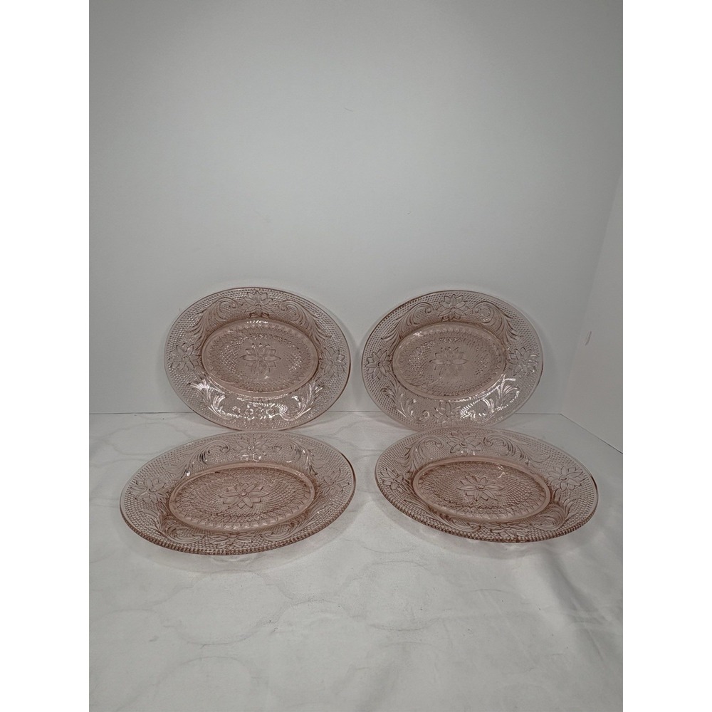 Set of 4 Indiana Tiara Peach Pink Sandwich Glass Oval Snack Plates Vintage